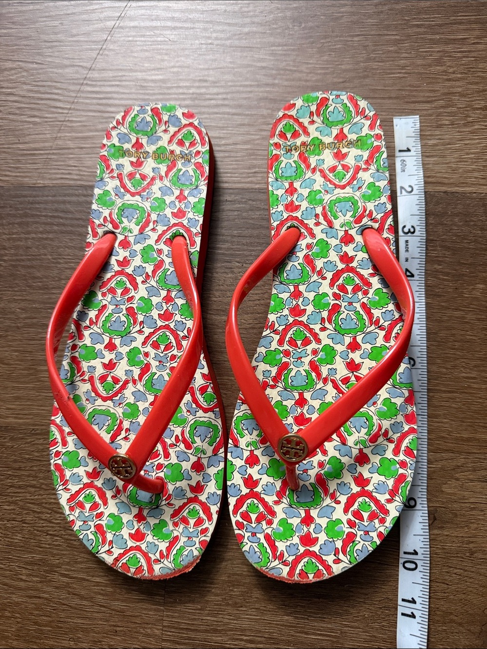 Tory Burch Flip Flops Orange Floral Paisley Wedge Sandals Women Size 9/9.5 - Picture 4 of 5
